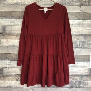 Knox Rose Dress Womens S Red Tiered Hem Long Sleeve Boho V-Neck Roll Tab Sleeve